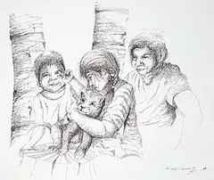Edward Cobiness, Untitled - Playing with the Puppy, 1974, ink on paper