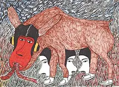 Simon Tookoome, Untitled - Animal Spirit with Faces, colour felt pen on paper