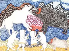 Simon Tookoome, Untitled - Muskox and Inuit, colour felt pen on paper