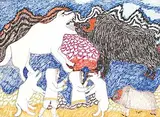 Simon Tookoome, Untitled - Muskox and Inuit, colour felt pen on paper