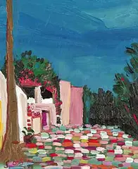 Jane Ash Poitras, San Diego Spanish Village, oil on wood panel