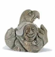 Garfield Thomas, Untitled - Hand with Turtle, Face and Bird, light green stone carving
