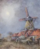 Georges Chavignaud, Brittany Farm with Windmill, watercolour on paper