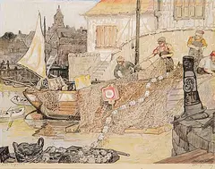 Nicholas Hornyansky, Net Repairs, watercolour on paper
