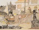 Nicholas Hornyansky, Net Repairs, watercolour on paper