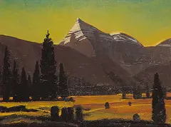 Charles Comfort, Nigel Peak, Banff Highway, 1975, oil on wood board
