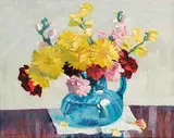 Agnes Bernice Fenwick Martin, Chrysanthemums and Snapdragons in Blue Glass Jug, oil on canvas board