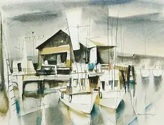 Docking Place by Franklin Herbert Palmer, 1954, watercolour on paper, sold Nov 2012
