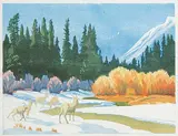 Margaret Shelton, Massive Range, Banff, Alta., 1943, wood block in eight colours on paper