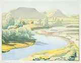 Margaret Shelton, Robin Hood Hills, Drumheller #7/50, 1942, wood block in eight colours on paper