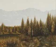 Om Atman Bulik, Rocky Mountain, 1974, oil on wood board