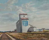 Ferdinand Friedl, Grain Elevator with Railway, 1974, oil on canvas board