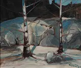 Hans Herold, Two Birches against a Rock, 1982, oil on hard board