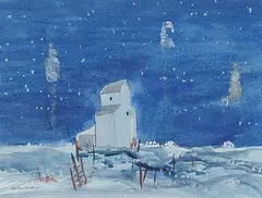 Murray William MacDonald, Untitled - Grain Elevator on a Winter Night, watercolour on paper