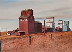 Virginia Mitchell, Grain Elevators at Waskatenau, Alberta, 1972, watercolour on paper