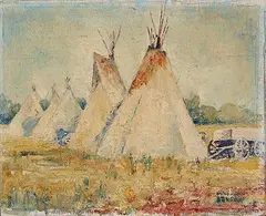 Evangeline Benbow, Teepees at Onion Lake, oil on paper board