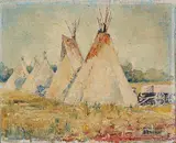 Evangeline Benbow, Teepees at Onion Lake, oil on paper board