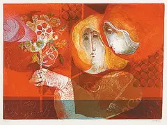 Sunol Munoz Ramos Alvar, Untitled - Women with Dove and Flowers #41/150, colour lithograph and embossing on paper