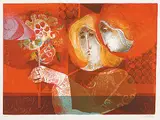 Sunol Munoz Ramos Alvar, Untitled - Women with Dove and Flowers #41/150, colour lithograph and embossing on paper
