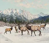 G.H.W. Ashley, Untitled - Elk in the Mountains, 1947, oil on wood board