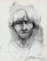 John Howard Gould, Old Woman with Rebozo and Huipil, 1965, charcoal on paper