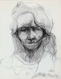 John Howard Gould, Old Woman with Rebozo and Huipil, 1965, charcoal on paper