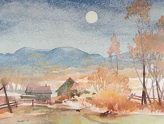 Robert Guest, Old Farm Buildings in Late Evening, 1975, watercolour on paper