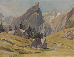 Albert Zehntner, Seealp mit Rossmad and Santis, 1949, oil on canvas