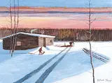 Allen Sapp, Unloading the Wood, acrylic on canvas