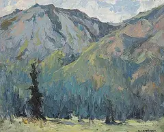William John Hopkinson, Sunlit Valley - Near Radium, 1968, oil on wood board