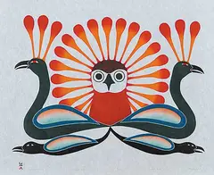 Kenojuak Ashevak, Sunburst Owl #5/50, 2002, colour stonecut and stencil on paper