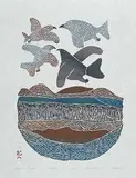 Pitseolak Ashoona, Birds Over Makkil #3/50, 1975, colour stonecut on paper