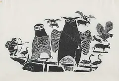 Joe Talirunili, Hunting Owls #9/30, 1963, stonecut on paper