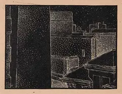 Lionel LeMoine FitzGerald, Rooftops, Civic Auditorium, 1938, lino block on paper
