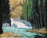 Robert Lee Chadwick, Rainbow Falls, Magpie, R. Algoma, 1968, oil on canvas board