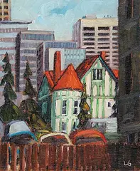 Louise Gant, Turreted House and High Rises #1, Vicinity 7th St. and 13th Ave., 1978, oil on wood panel