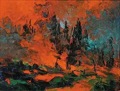 Robert Guest, Forest Fire Study Series 39 of 43, 1973, oil on wood board