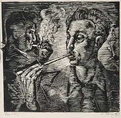 Eric Konstatin Pehap, Untitled - Gentlemen's Hour, 1939, wood block on paper