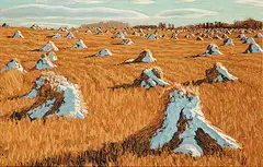 Snow Stooks, Klein Farm, Cochrane, 1978 by Herbert Otto Sellin, 1978, oil on wood board, sold Nov 2011