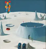 Frank Whipple, Untitled - Aliens, Moons, Balloons and Nuns, oil on wood board