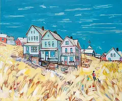 Three Country Houses by Janet Mitchell, 1980, acrylic on canvas, sold Nov 2011