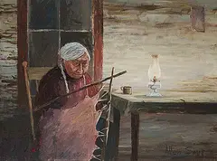 Stretching a Deer Hide by Allen Sapp, 1972, acrylic on canvas, sold Nov 2011