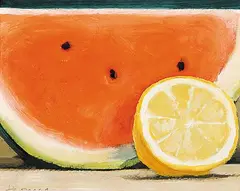 Watermelon and Lemon by Les Thomas, 1994, oil on paper board, sold Nov 2011