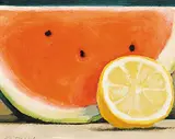 Les Thomas, Watermelon and Lemon, 1994, oil on paper board