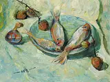 Simon Ho, Untitled - Plate of Fish, oil on canvas