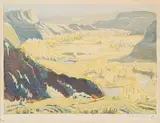Margaret Shelton, Rosebud Valley #6/25, 1942, wood block in seven colours on paper