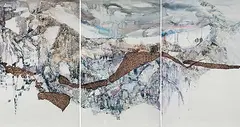 Jutta Alig, Distant Echo I, II, and III [Tryptich], mixed media on paper