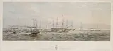 Oswald Walters Brierly, The Naval Review at Spithead, Her Majesty The Queen Leading the Fleet to Sea, 1853, hand coloured lithograph on paper