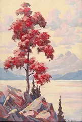 Reginald Llewellyn Harvey, Untitled - Coastal Mountain in Autumn, oil on wood board