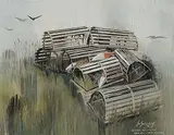 Stanley M. Zuckerberg, Lobster Pots Drying on a Hill - Nova Scotia, oil on wood board